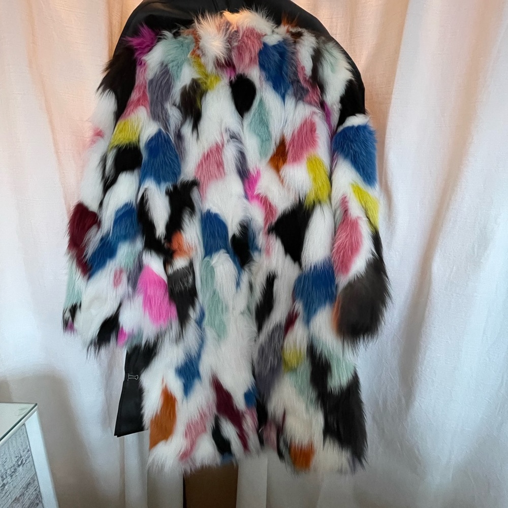 Patchwork Dyed Fox Fur Coat. Worn once. Size 4. Very chic, warm.